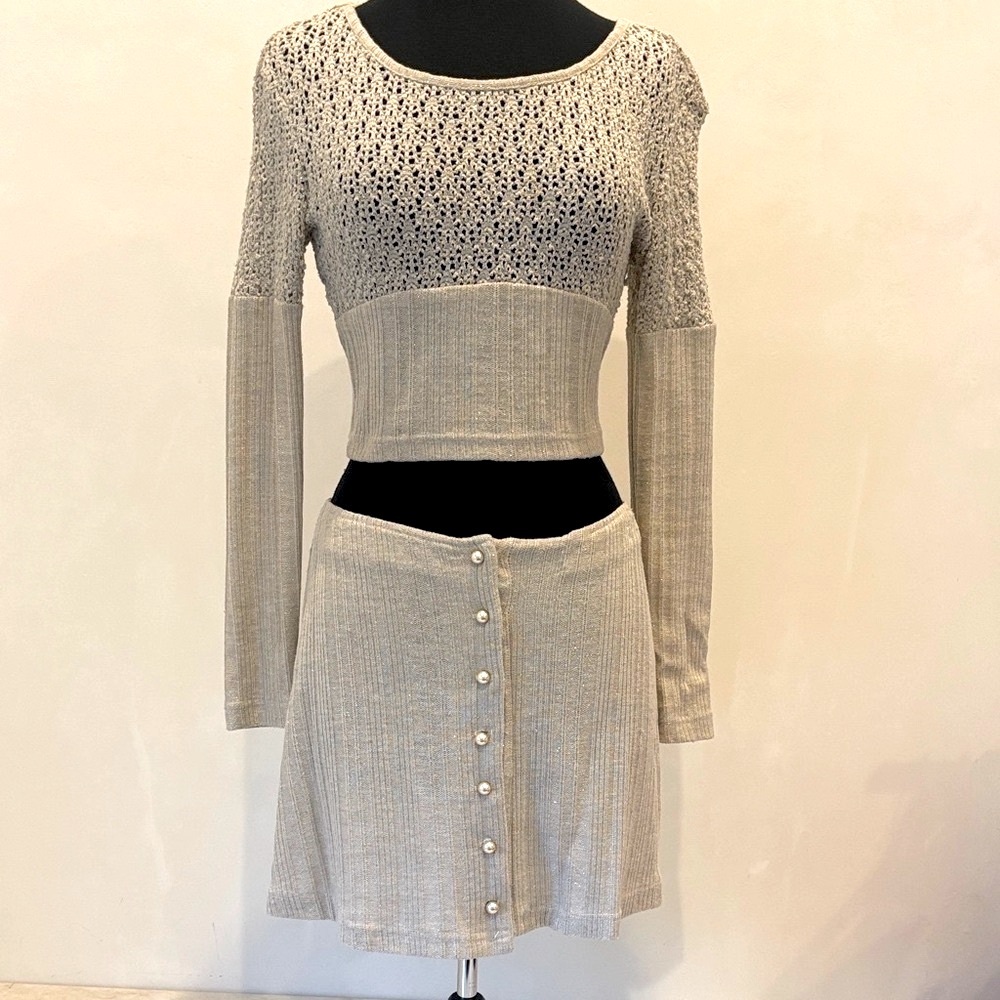 XOXO Beige Shimmer Knit 2-Piece Set – Crop Top & Mini Skirt (S)
